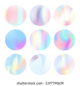 Holographic abstract backgrounds set. Plastic holographic backdrop with gradient mesh. 90s, 80s retro style. Iridescent graphic template for brochure, flyer, poster, wallpaper, mobile screen.
