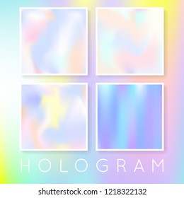 Holographic abstract backgrounds set. Plastic holographic backdrop with gradient mesh. 90s, 80s retro style. Pearlescent graphic template for banner, flyer, cover, mobile interface, web app.