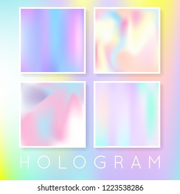 Holographic abstract backgrounds set. Plastic holographic backdrop with gradient mesh. 90s, 80s retro style. Iridescent graphic template for banner, flyer, cover, mobile interface, web app.