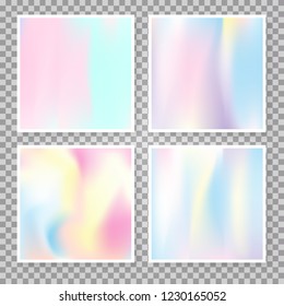 Holographic abstract backgrounds set. Plastic holographic backdrop with gradient mesh. 90s, 80s retro style. Iridescent graphic template for banner, flyer, cover, mobile interface, web app.