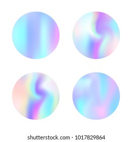 Holographic abstract backgrounds set. Stylish holographic backdrop with gradient mesh. 90s, 80s retro style. Iridescent graphic template for brochure, flyer, poster, wallpaper, mobile screen.