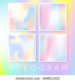 Holographic abstract backgrounds set. Stylish holographic backdrop with gradient mesh. 90s, 80s retro style. Iridescent graphic template for brochure, flyer, poster, wallpaper, mobile screen.