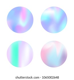 Holographic abstract backgrounds set. Stylish holographic backdrop with gradient mesh. 90s, 80s retro style. Iridescent graphic template for banner, flyer, cover, mobile interface, web app.