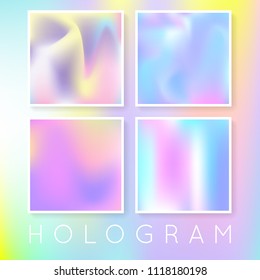 Holographic abstract backgrounds set. Stylish holographic backdrop with gradient mesh. 90s, 80s retro style. Pearlescent graphic template for brochure, flyer, poster, wallpaper, mobile screen.