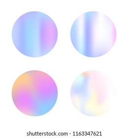 Holographic abstract backgrounds set. Stylish holographic backdrop with gradient mesh. 90s, 80s retro style. Iridescent graphic template for banner, flyer, cover, mobile interface, web app.
