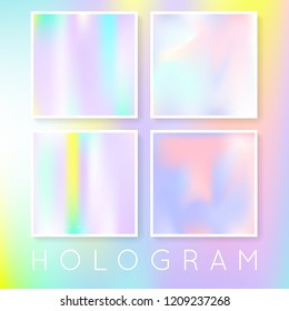 Holographic abstract backgrounds set. Stylish holographic backdrop with gradient mesh. 90s, 80s retro style. Iridescent graphic template for brochure, flyer, poster, wallpaper, mobile screen.