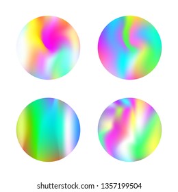 Holographic abstract backgrounds set. Stylish holographic backdrop with gradient mesh. 90s, 80s retro style. Pearlescent graphic template for banner, flyer, cover, mobile interface, web app.