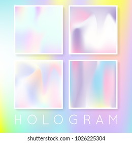 Holographic abstract backgrounds set. Trendy holographic backdrop with gradient mesh. 90s, 80s retro style. Iridescent graphic template for brochure, flyer, poster, wallpaper, mobile screen.