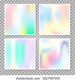 Holographic abstract backgrounds set. Trendy holographic backdrop with gradient mesh. 90s, 80s retro style. Iridescent graphic template for brochure, flyer, poster, wallpaper, mobile screen.