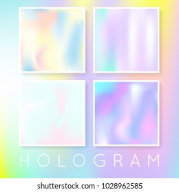 Holographic abstract backgrounds set. Trendy holographic backdrop with gradient mesh. 90s, 80s retro style. Iridescent graphic template for brochure, flyer, poster, wallpaper, mobile screen.