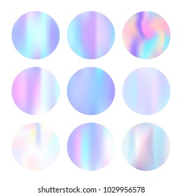 Holographic abstract backgrounds set. Trendy holographic backdrop with gradient mesh. 90s, 80s retro style. Iridescent graphic template for brochure, flyer, poster, wallpaper, mobile screen.