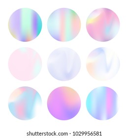 Holographic abstract backgrounds set. Trendy holographic backdrop with gradient mesh. 90s, 80s retro style. Iridescent graphic template for brochure, flyer, poster, wallpaper, mobile screen.