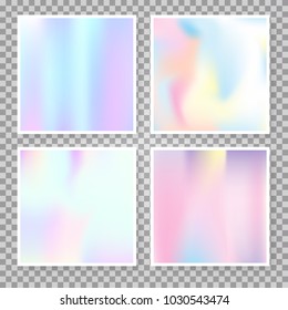 Holographic abstract backgrounds set. Trendy holographic backdrop with gradient mesh. 90s, 80s retro style. Iridescent graphic template for brochure, flyer, poster, wallpaper, mobile screen.