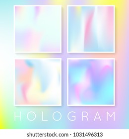 Holographic abstract backgrounds set. Trendy holographic backdrop with gradient mesh. 90s, 80s retro style. Iridescent graphic template for brochure, flyer, poster, wallpaper, mobile screen.