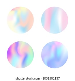 Holographic abstract backgrounds set. Trendy holographic backdrop with gradient mesh. 90s, 80s retro style. Iridescent graphic template for brochure, flyer, poster, wallpaper, mobile screen.