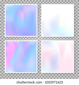 Holographic abstract backgrounds set. Trendy holographic backdrop with gradient mesh. 90s, 80s retro style. Iridescent graphic template for brochure, flyer, poster, wallpaper, mobile screen.