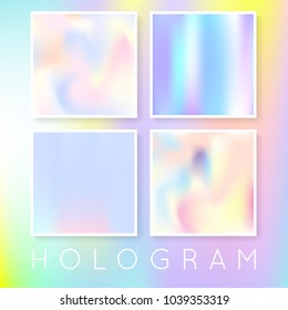 Holographic abstract backgrounds set. Trendy holographic backdrop with gradient mesh. 90s, 80s retro style. Iridescent graphic template for brochure, flyer, poster, wallpaper, mobile screen.