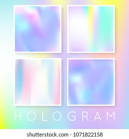 Holographic abstract backgrounds set. Trendy holographic backdrop with gradient mesh. 90s, 80s retro style. Pearlescent graphic template for banner, flyer, cover, mobile interface, web app.