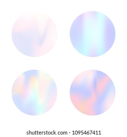 Holographic abstract backgrounds set. Trendy holographic backdrop with gradient mesh. 90s, 80s retro style. Pearlescent graphic template for banner, flyer, cover, mobile interface, web app.