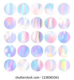 Holographic abstract backgrounds set. Trendy holographic backdrop with gradient mesh. 90s, 80s retro style. Pearlescent graphic template for banner, flyer, cover, mobile interface, web app.
