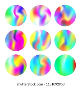 Holographic abstract backgrounds set. Trendy holographic backdrop with gradient mesh. 90s, 80s retro style. Pearlescent graphic template for brochure, flyer, poster, wallpaper, mobile screen.