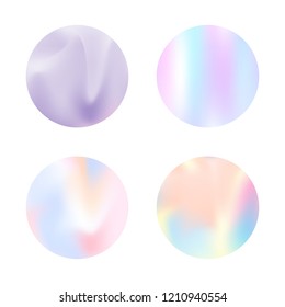 Holographic abstract backgrounds set. Trendy holographic backdrop with gradient mesh. 90s, 80s retro style. Iridescent graphic template for banner, flyer, cover, mobile interface, web app.