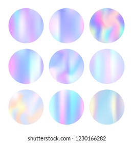 Holographic abstract backgrounds set. Trendy holographic backdrop with gradient mesh. 90s, 80s retro style. Pearlescent graphic template for banner, flyer, cover, mobile interface, web app.