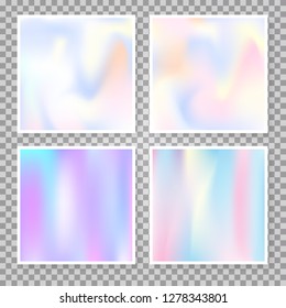 Holographic abstract backgrounds set. Trendy holographic backdrop with gradient mesh. 90s, 80s retro style. Iridescent graphic template for banner, flyer, cover, mobile interface, web app.