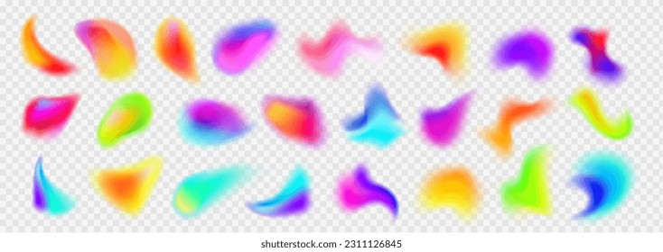 Holographic abstract blur spot. Vector 3d chameleon y2k aura shape gradient texture. Soft geometric blend graphic design isolated set. Bright fluid paint colorful blurry dynamic brush stroke glow