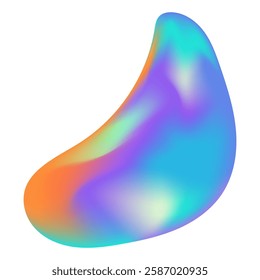 Holographic abstract fluid shape with smooth gradient transitions of blue, purple, orange, and green, isolated on transparent background. Perfect for modern and futuristic designs.