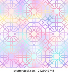 Holografische abstrakte geometrische nahtlose Muster. Vektor-Gradient-orientalisches Ornament auf glänzendem Pastellhintergrund. Arabischer Stil traditionelle Textur für Hintergründe, Tapeten, Dekoration