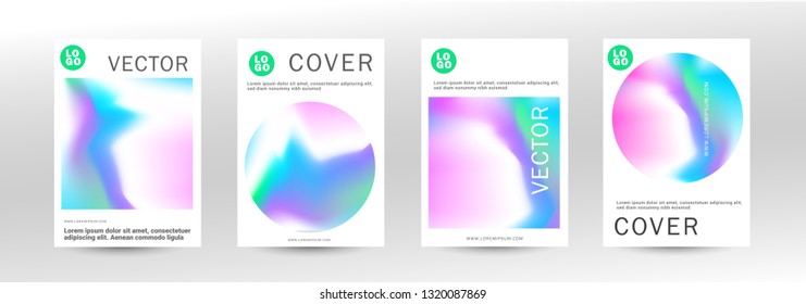 Holographic abstract liquid background set. Mesh blurred pattern in pastel pink, blue, turquoise tones. Fashionable advertising vector in retro for book, annual, mobile interface, web application. -