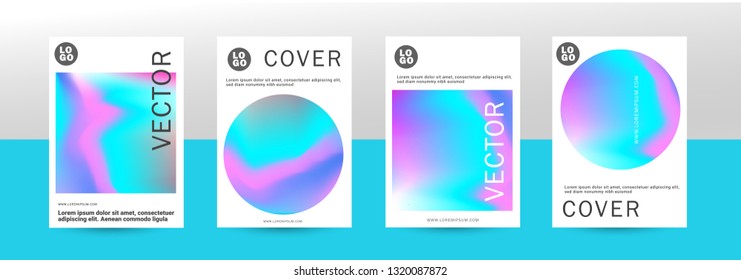 Holographic abstract liquid background set. Bright neon mesh blurred pattern in pink, blue, purple tones. Fashionable advertising vector in retro for book, annual, mobile interface, web application. -