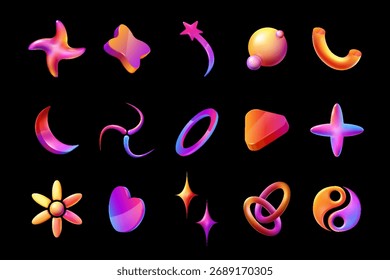 Conjunto de Formas de gradiente 3D de neón abstracto holográfico. Y2k futurista abstracto Elementos aislados para el diseño. Iconos coloridos con efecto brillante del resplandor del neón.