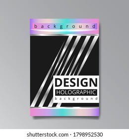Holographic abstract page template, retro wave glitch creative hipster, neon and pastel gradient colors. Stylish geometric glitch cover, 90s style, realistic rainbow sheen silver tape chrome vinyl