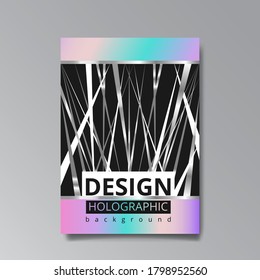 Holographic abstract page template, retro wave glitch creative hipster, neon and pastel gradient colors. Stylish geometric glitch cover, 90s style, realistic rainbow sheen silver tape chrome vinyl