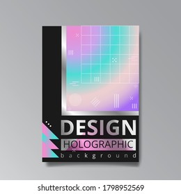 Holographic abstract page template, retro wave glitch creative hipster, neon and pastel gradient colors. Stylish geometric glitch cover, 90s style, realistic rainbow sheen silver tape chrome vinyl