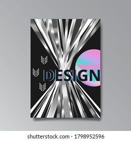 Holographic abstract page template, retro wave glitch creative hipster, neon and pastel gradient colors. Stylish geometric glitch cover, 90s style, realistic rainbow sheen silver tape chrome vinyl