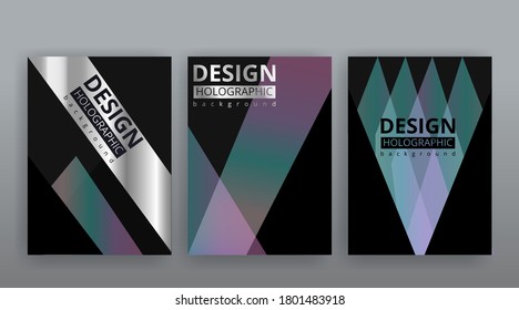 Holographic abstract page templates set, retro wave glitch creative hipster neon and pastel gradient colors. Stylish geometric glitch cover, 90s style, realistic rainbow sheen silver tape chrome vinyl