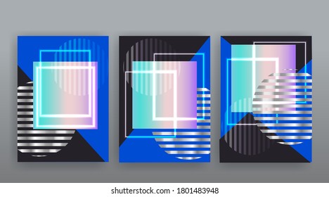 Holographic abstract page templates set, retro wave glitch creative hipster neon and pastel gradient colors. Stylish geometric glitch cover, 90s style, realistic rainbow sheen silver tape chrome vinyl