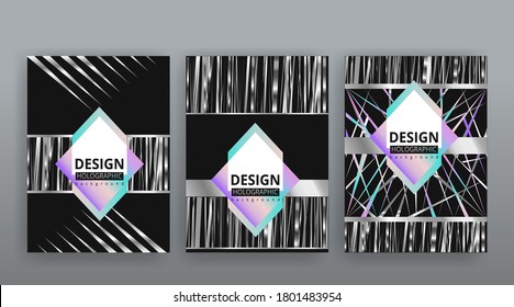 Holographic abstract page templates set, retro wave glitch creative hipster neon and pastel gradient colors. Stylish geometric glitch cover, 90s style, realistic rainbow sheen silver tape chrome vinyl