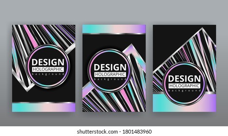 Holographic abstract page templates set, retro wave glitch creative hipster neon and pastel gradient colors. Stylish geometric glitch cover, 90s style, realistic rainbow sheen silver tape chrome vinyl