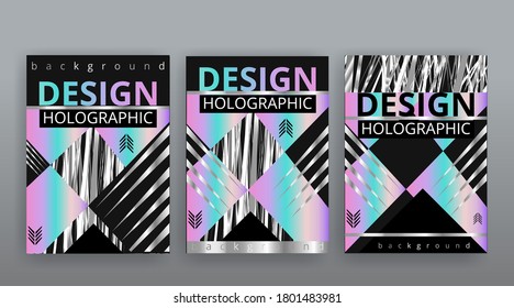 Holographic abstract page templates set, retro wave glitch creative hipster neon and pastel gradient colors. Stylish geometric glitch cover, 90s style, realistic rainbow sheen silver tape chrome vinyl