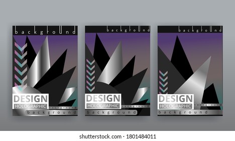 Holographic abstract page templates set, retro wave glitch creative hipster neon and pastel gradient colors. Stylish geometric glitch cover, 90s style, realistic rainbow sheen silver tape chrome vinyl