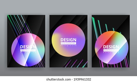 Holographic abstract page templates set retro wave glitch creative hipster, neon and pastel gradient colors. Stylish geometric glitch cover, 90s style, realistic rainbow sheen silver chrome vinyl