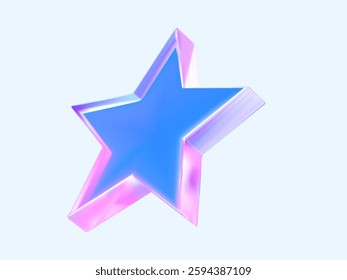 Holographic abstract star with sharp corners. 3d vector illustration in blue and pink tones.