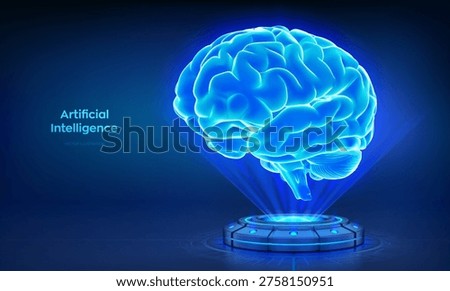 Holographic AI brain. Artificial Intelligence technology concept. Digital brain. Neural network. Holographic platform with glowing rays forming a projection of digital brain. Vector illustration.