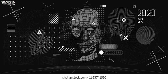 Holographic Ai in humanoid head. Conceptual image Artificial intelligence, Virtual reality, tech shapes, Head Up elements HUD. Biometric technology, Face recognition systems Ai. Cyberpunk VR set