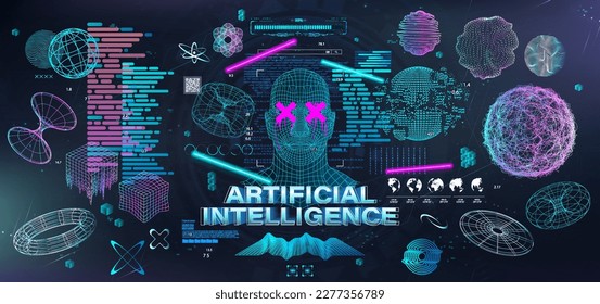 Holographic AI in humanoid head. Futuristic visualization Artificial intelligence, tech shapes, VR - virtual reality with elements HUD. Biometric technology, code. Ai concept. 3D Cyberpunk vector.