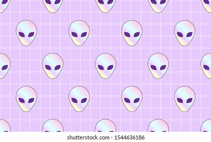 Holographic alien head seamless pattern with grid background vector art.